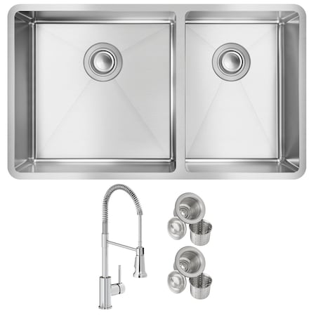 Elkay 18 Gauge SS 31-1/2" x 18-1/2" x 9" 60/40 Double Bowl Undermount Sink and Faucet Kit with Drain ECTRU32179RTFCC